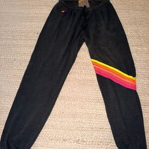 Aviator Nation Black Joggers with Rainbow Stripes